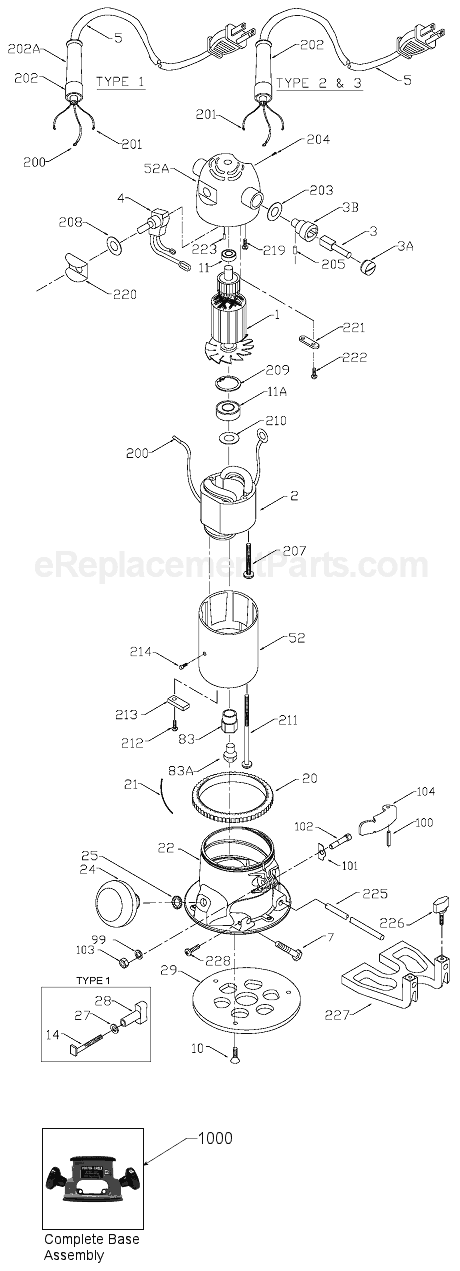 Page A Diagram and Parts List for 1002 Type 3 Porter Cable Router